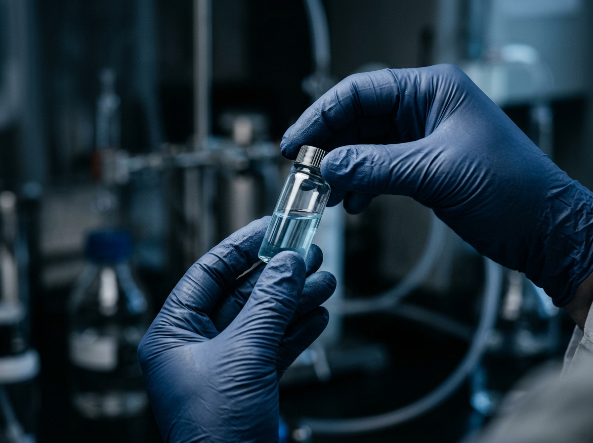 Gloved hands inspecting a sample vial during quality control
